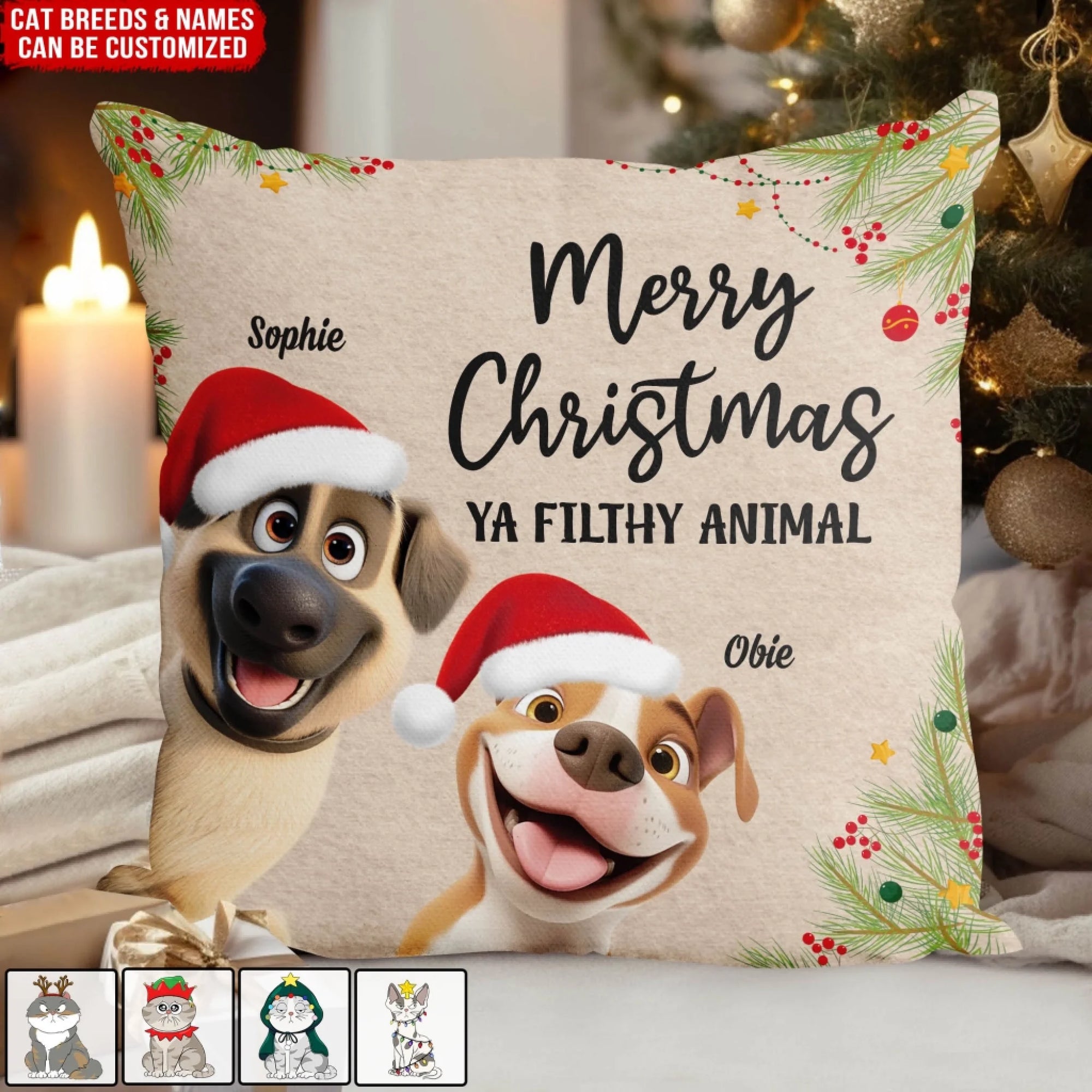 Merry Christmas Ya Filthy Animal - Personalized Pillow, Gift For Dog Lover, Christmas Decor