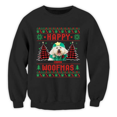 Happy Woofmas, Dog Photo With Name - Personalized Sweatshirt, Gift For Dog Lover, Ugly Christmas Gift