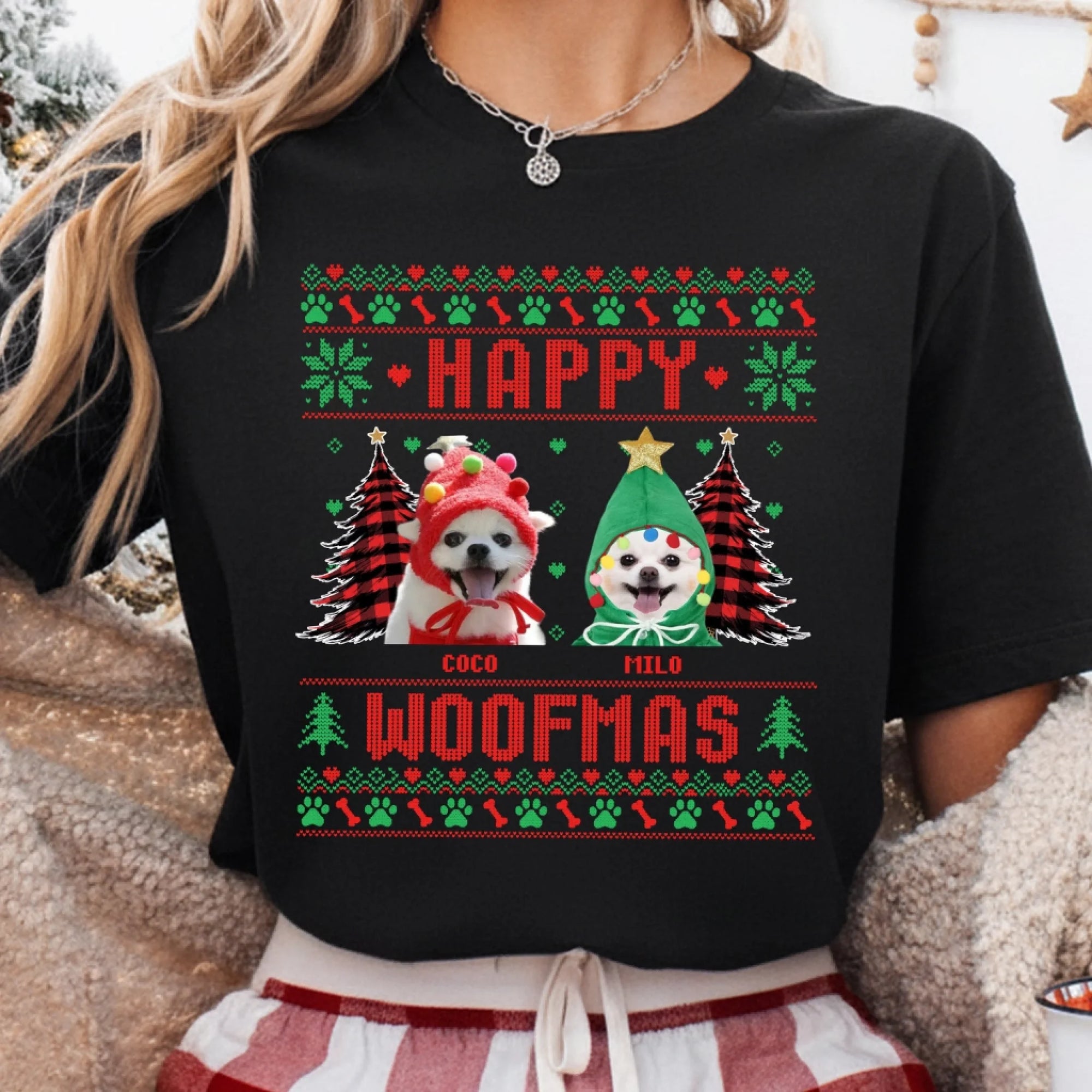 Happy Woofmas, Dog Photo With Name - Personalized Sweatshirt, Gift For Dog Lover, Ugly Christmas Gift