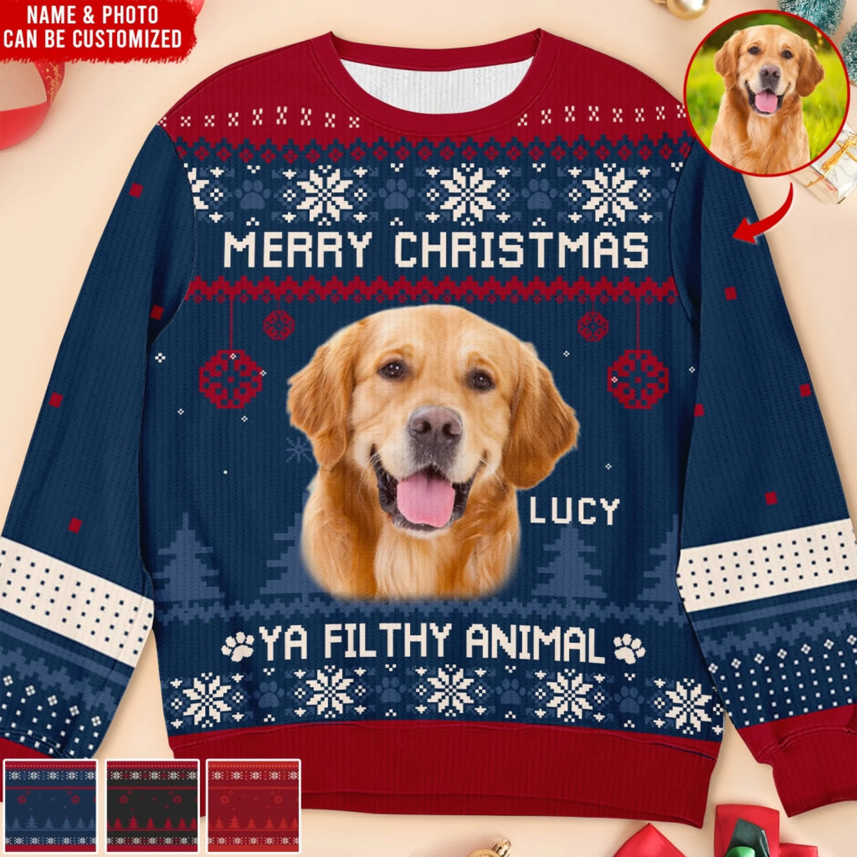 Merry Christmas Ya Filthy Animal Custom Dog Photo - Personalized Wool Sweater, Ugy Sweatshirt All-Over-Print, Christmas Gift For Dog Parents, Dog Lover Gift