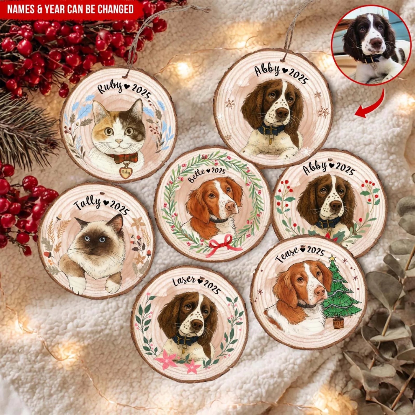 The Best Things In Life Are Furry - Personalized Wood Slice Ornament, Pet Portrait From Photo Ornament, Pet Lover Gift, Pet Memorial Gift,