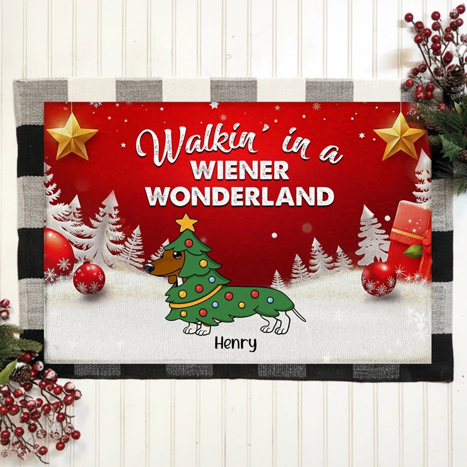 Weiner Is Walking In Winter Wonderland - Personalized Doormat, Gift For Dog Lover, Dashdund Owner Home Decor