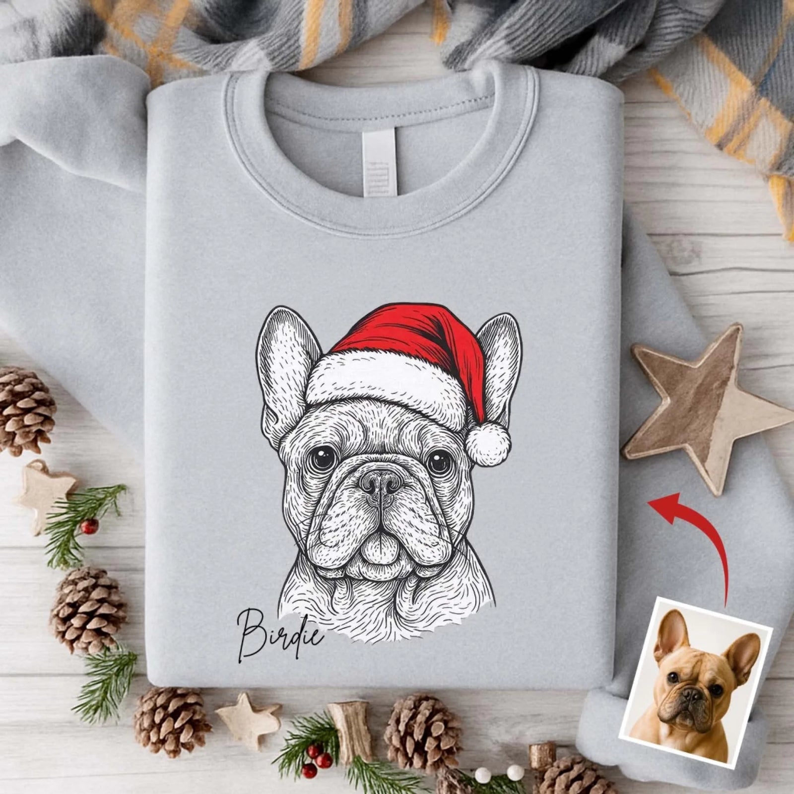 Cute Pet With Santa Hat - Personalized T-Shirt, Sweatshirt, Hand Drawing Pet Portrait From Photo