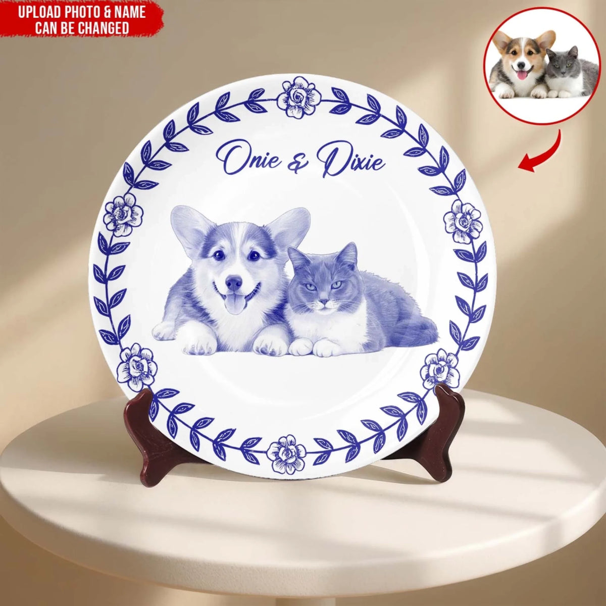 A Piece Of The Family's Heart - Personalized Ceramic Round Plate, Gift For Pet Lovers, Home Decor, Custom Pet Photo Hand-drawn Art Plate