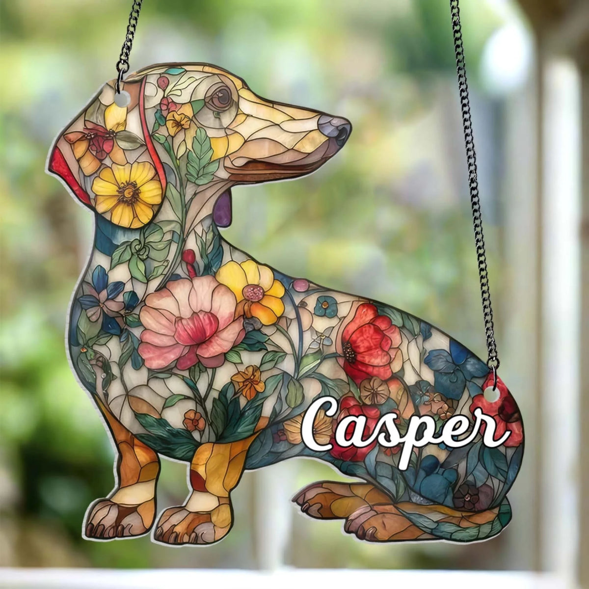 Dachshound Flower - Personalized Acrylic Window Hanging, Gift For Dog Lover