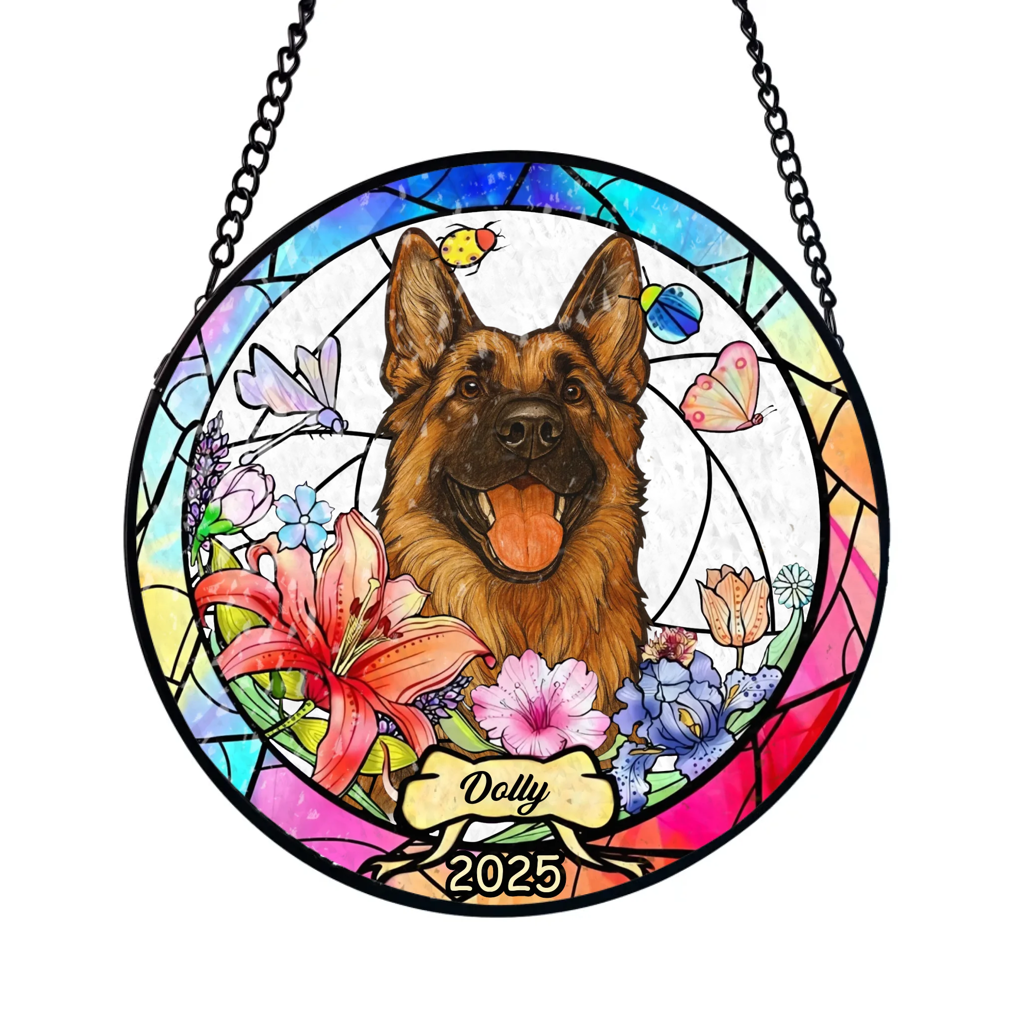Dog Illustration With Flowers - Personalized Window Stained Glass, Memorial Gift, Dog Loss Keepsake, Sympathy Gift