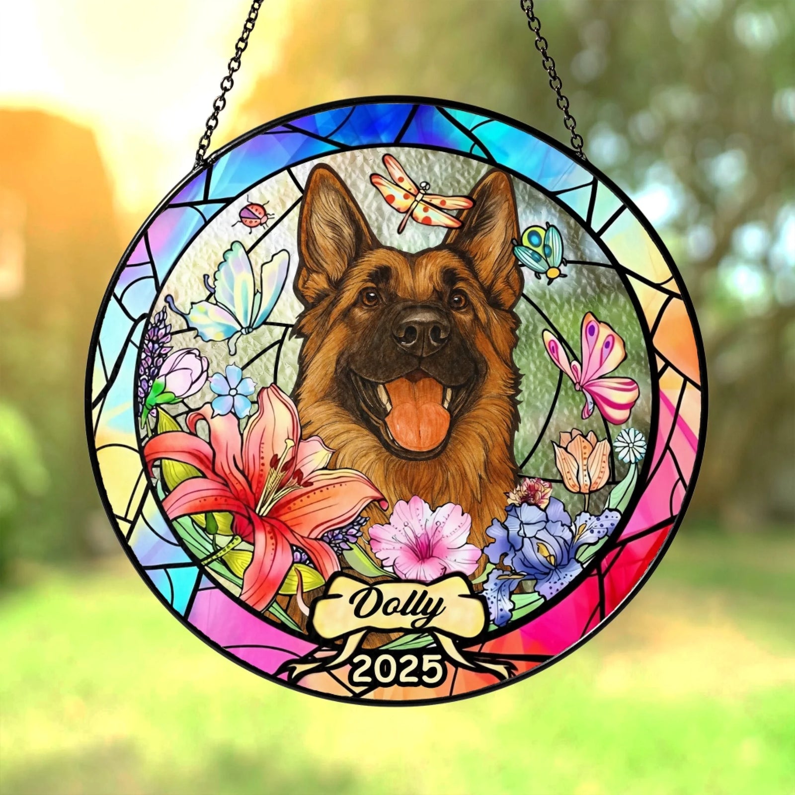 Dog Illustration With Flowers - Personalized Window Stained Glass, Memorial Gift, Dog Loss Keepsake, Sympathy Gift