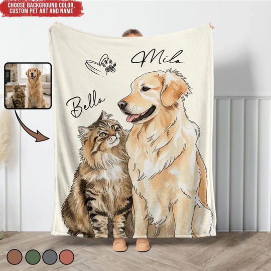 Life's Simple Joys Are Measured In Purrs And Tail Wags - Personalized Blanket, Custom Pet Art Portrait Gift, Dog/Cat Hand-Drawn Keepsake