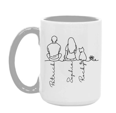 Crazy Cat Couple - Personalized Mug, Cute Couple and Cat Line Art, Gift for Cat Mom/Cat Dad, Pet Lovers Gift