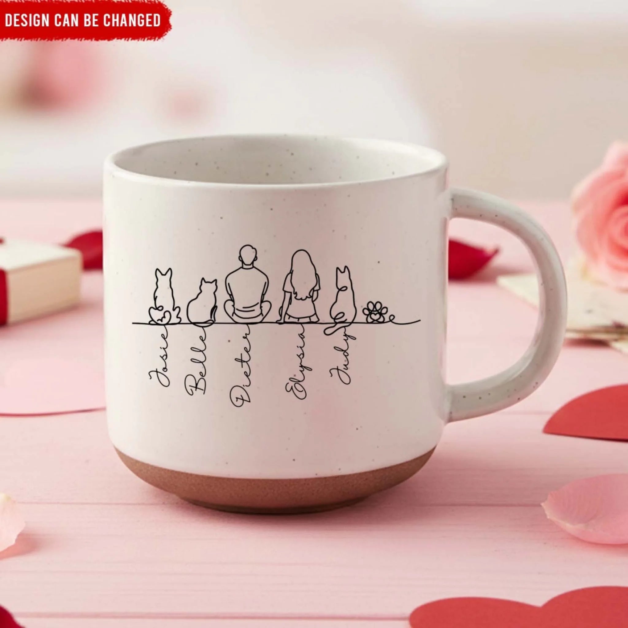 Love Grows Best On Four Paws - Personalized Pottery Mug, Cute Couple and Pet Line Art, Pet Lovers, Couple Mug
