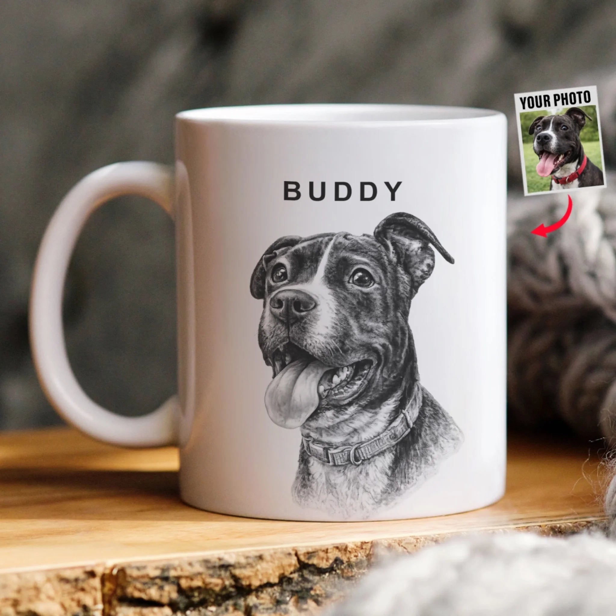 Charcoal Pet Portrait - Personalized Mug, Pet Drawing Portrait Gift