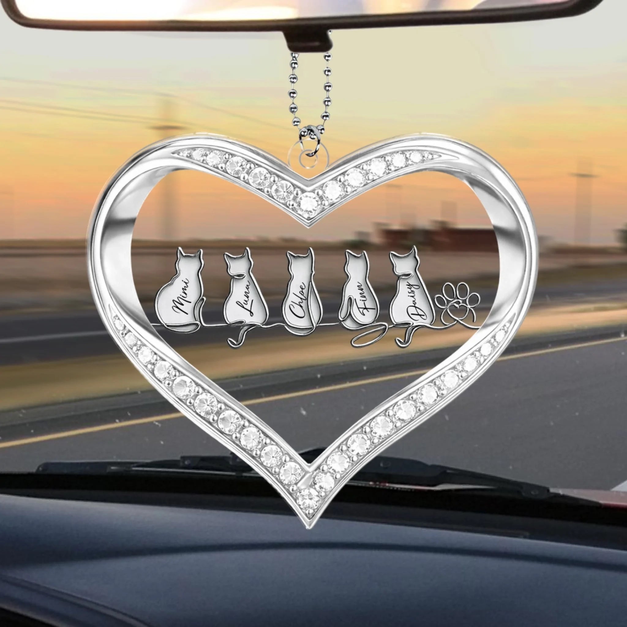 Minimalist Silver Cat Line Art - Personalized Acrylic Car Hanger, Gift For Cat Lover, Pet Owner Keepsake Gift