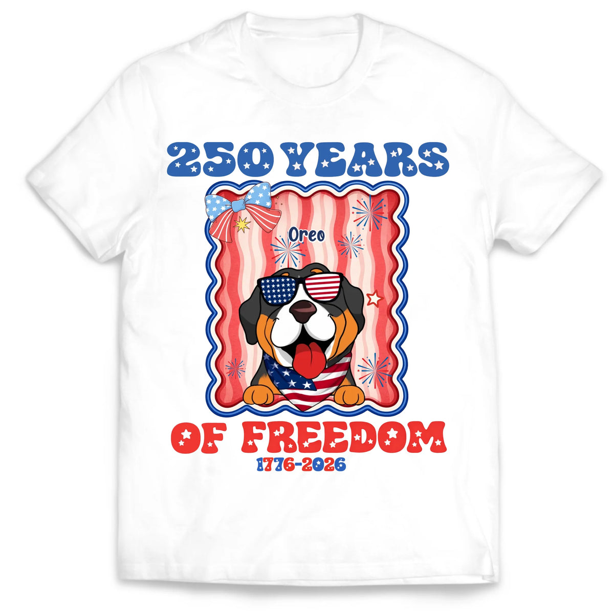 Proud Pup Celebrates 250 Years of Freedom – Personalized T-Shirt, Patriotic Dog USA, Stars, Stripes &amp; Happy Paws