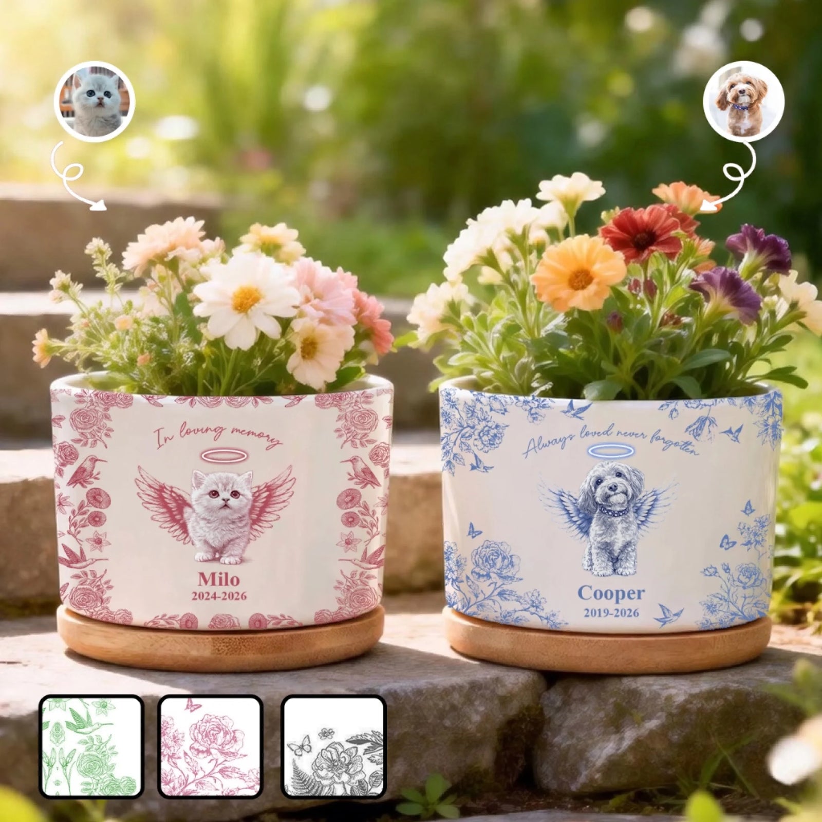 Always Loved Never Forgotten Toile De Jouy Flower Pet Photo - Personalized Plant Pot, Memorial Gift For Loss Of Pet, Drawing Portrait From Photo