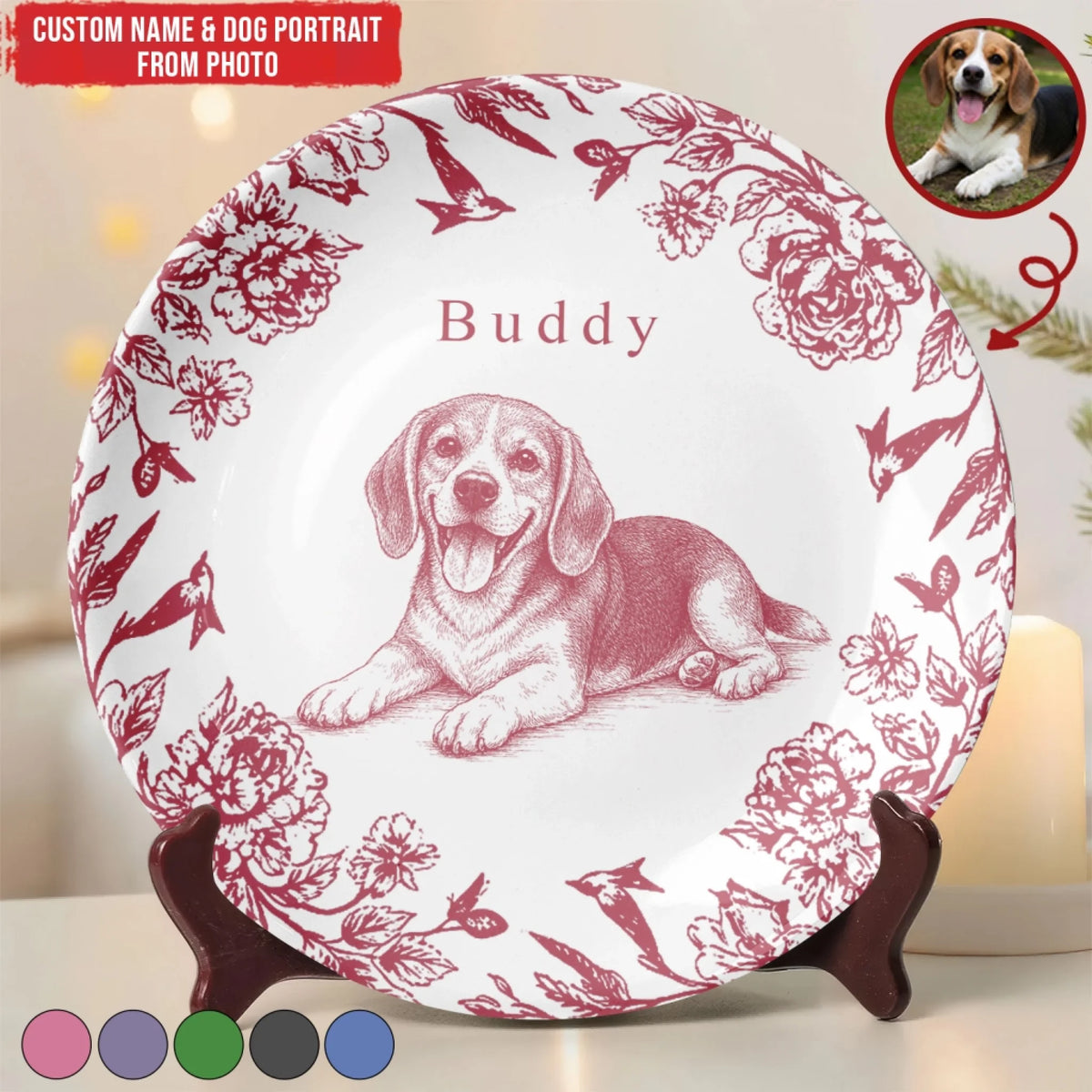 Toile De Jouy Our Cute Furry Portrait - Personalized Ceramic Round Plate, Gift For Pet Lover, Toile De Jouy Art Style, Dog Owner Meaningful Gift