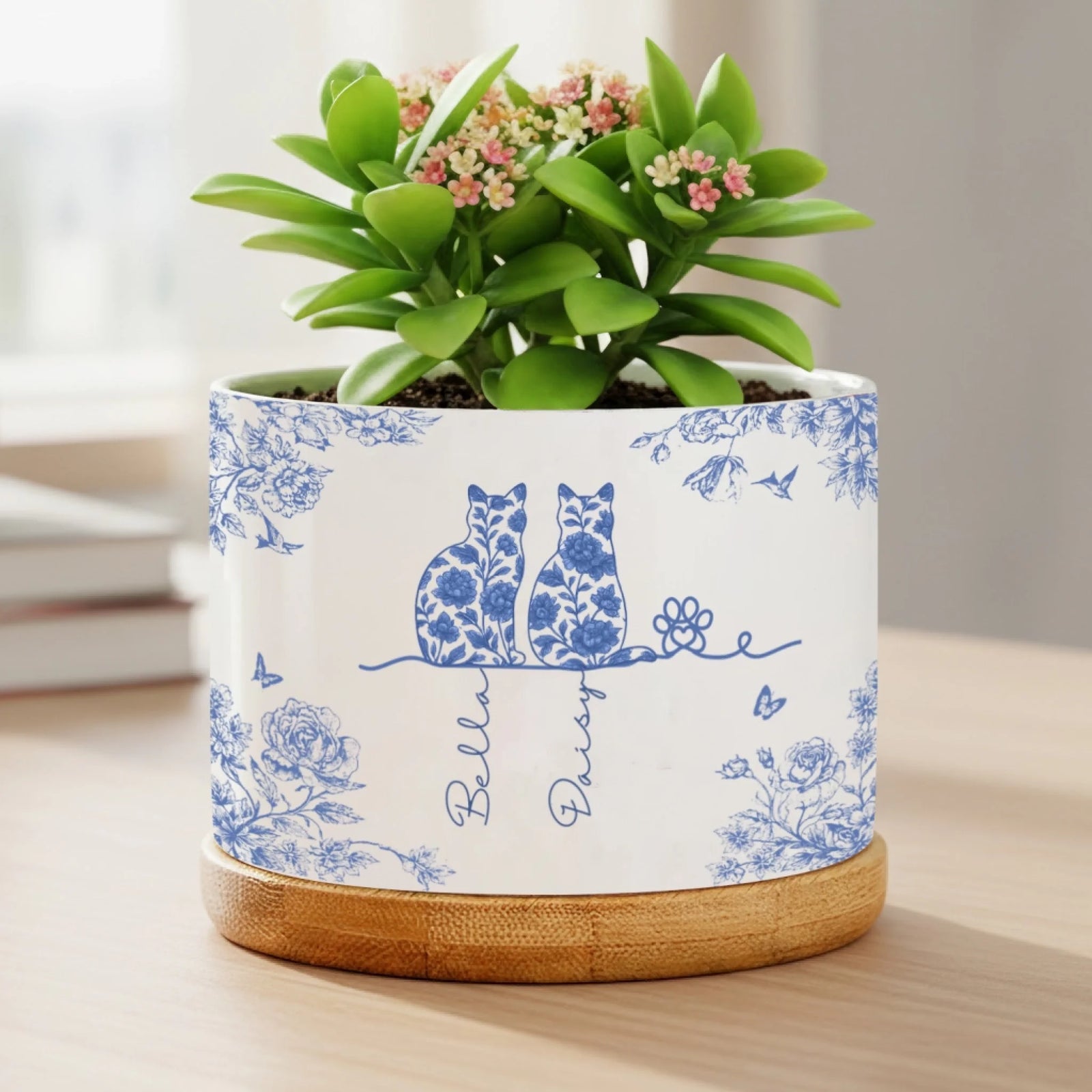 My Favorite Piece Of Art Has Four Paws - Personalized Plant Pot, Gift For Pet Lover, Toile De Jouy Cat Style, Cat Owner Cute Gift