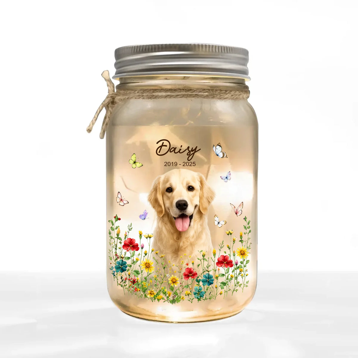 Pet Photo Memorial With Years - Personalized Mason Jar Light, Dog Cat Loss Sympathy Gift