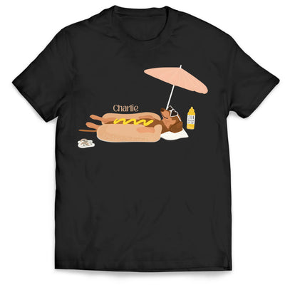 Funny Summer Hot Dog -Personalized T-Shirt, Wiener Dog Tee, Funny Sausage Dog Graphic, Striped Shirt Dog Lover Gift, Dachshund Shirt
