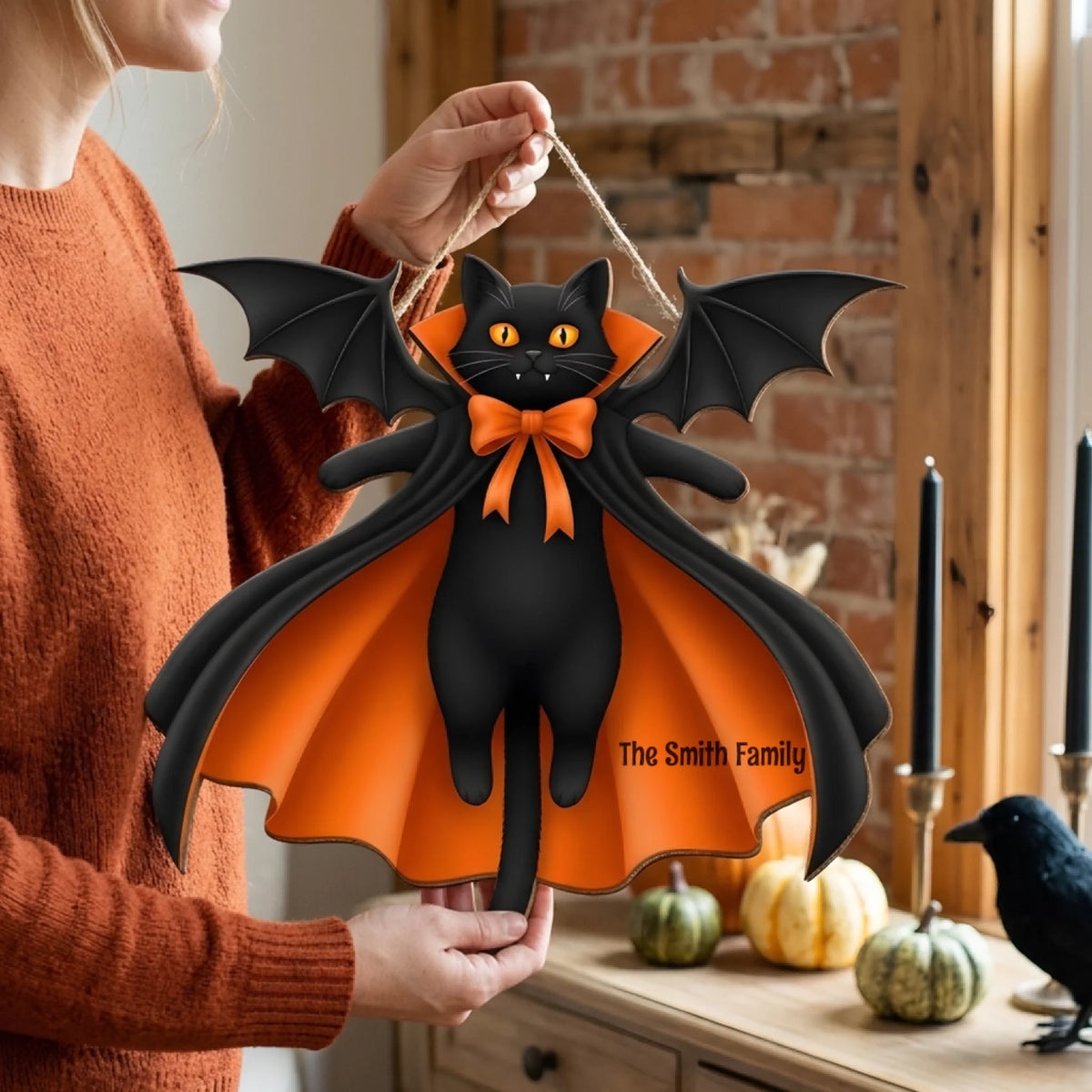 Halloween Black Cat Vampire Bat - Personalized Wooden Sign, Halloween Gift Decor Gift For Cat Lovers, Family Halloween Cat Gift