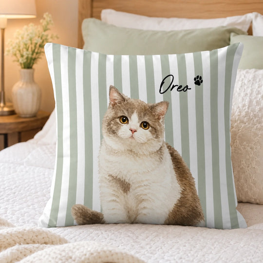 Every Couch Needs A Cute Face - Personalized Pillow, Drawing Water Color Portrait From Photo, Gift For Pet Lovers, Striped Pillow Pet Gift