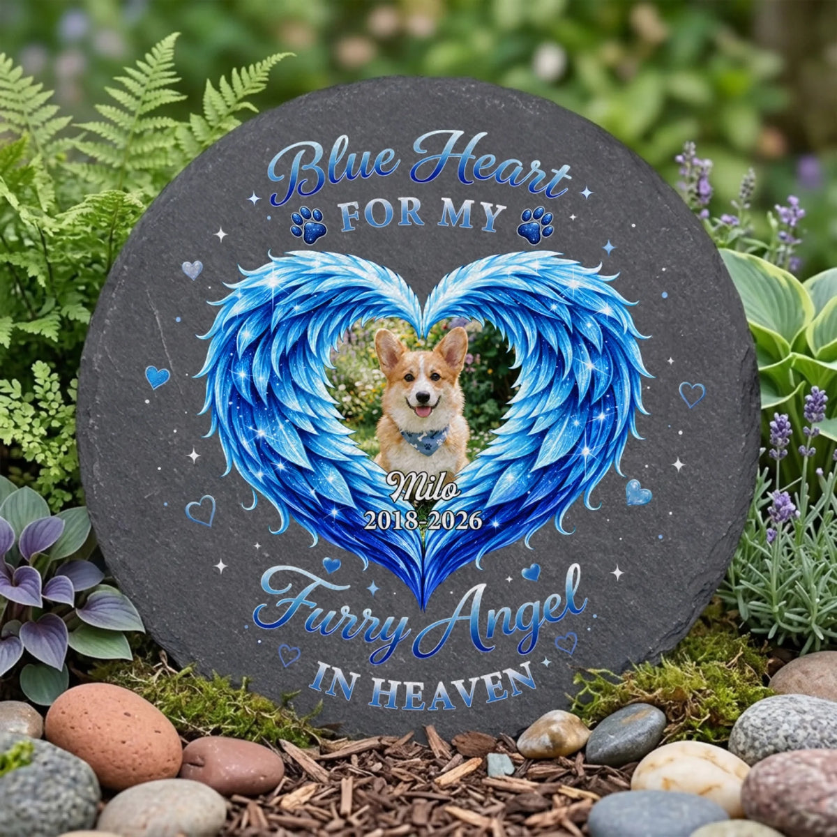 Blue Heart For My/ Our Furry Angel In Heaven -  Personalized Stone, Pet Memorial Gift, Pet Loss Remembrance Gift
