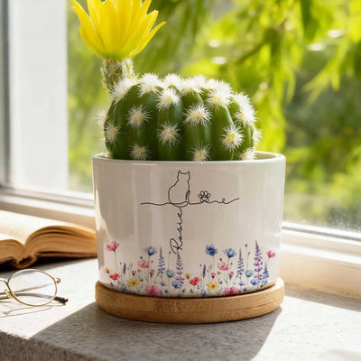 All You Need Is Love And Cats - Personalized Plant Pot, Gift For Cat Lovers, Wildflower Cat Gift, Cat Line Art Flower