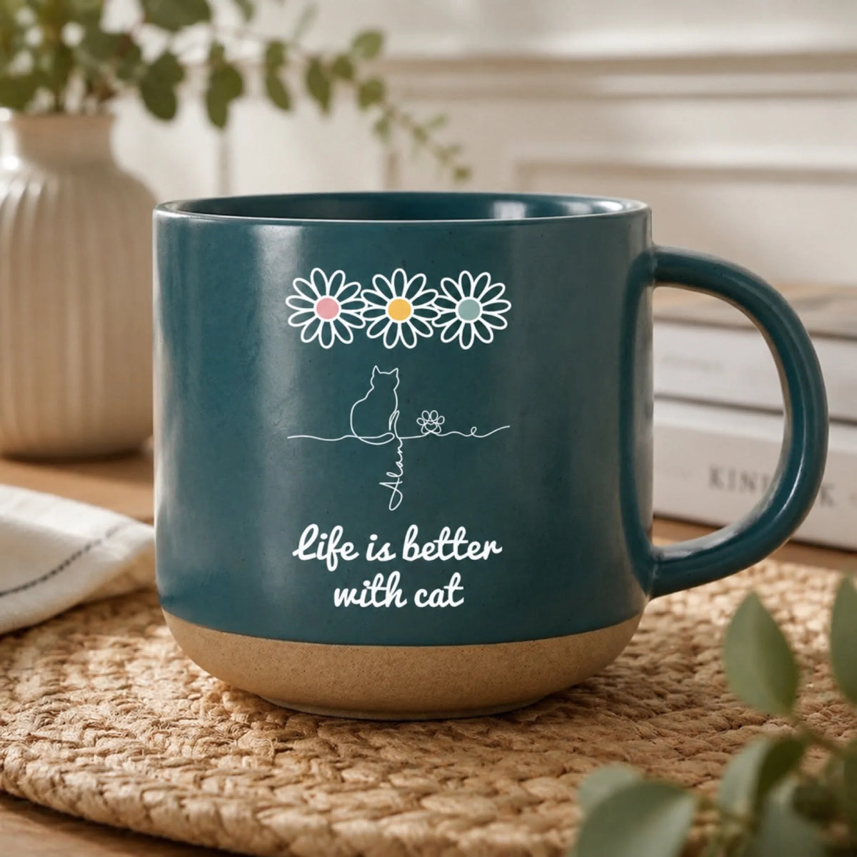 Life Is Better With Cats - Personalized Pottery Mug, Gift For Cat Lovers, Cat Line Art Daisy Flower Gift
