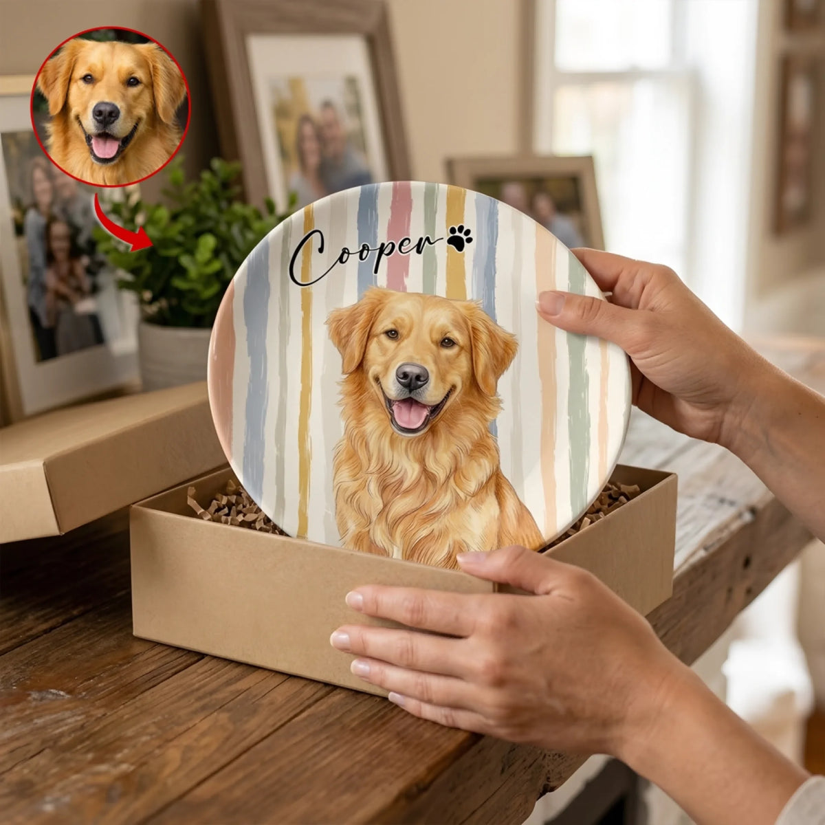 Pet Memorial Watercolor – Personalized Ceramic Round Plate Striped Dog &amp; Cat , Personalized Pet Remembrance Gift Loss