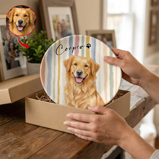 Pet Memorial Watercolor – Personalized Ceramic Round Plate Striped Dog & Cat , Personalized Pet Remembrance Gift Loss