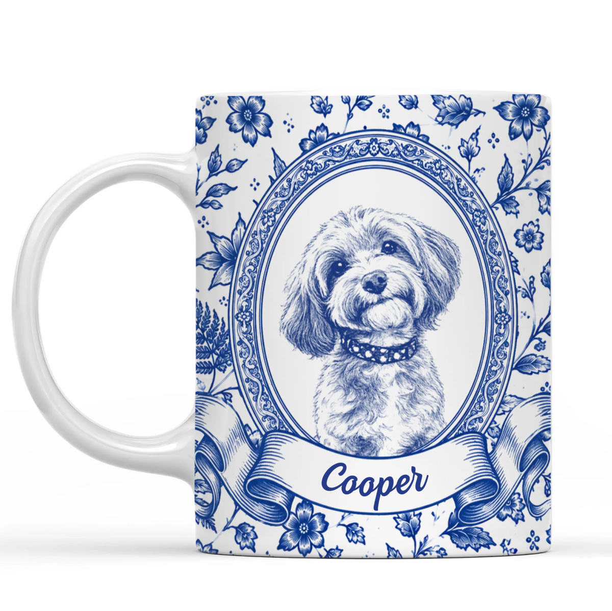 My Friend Has Four Paws - Personalized Mug, Blue Toile Pet Gift With Custom Portrait From Photo