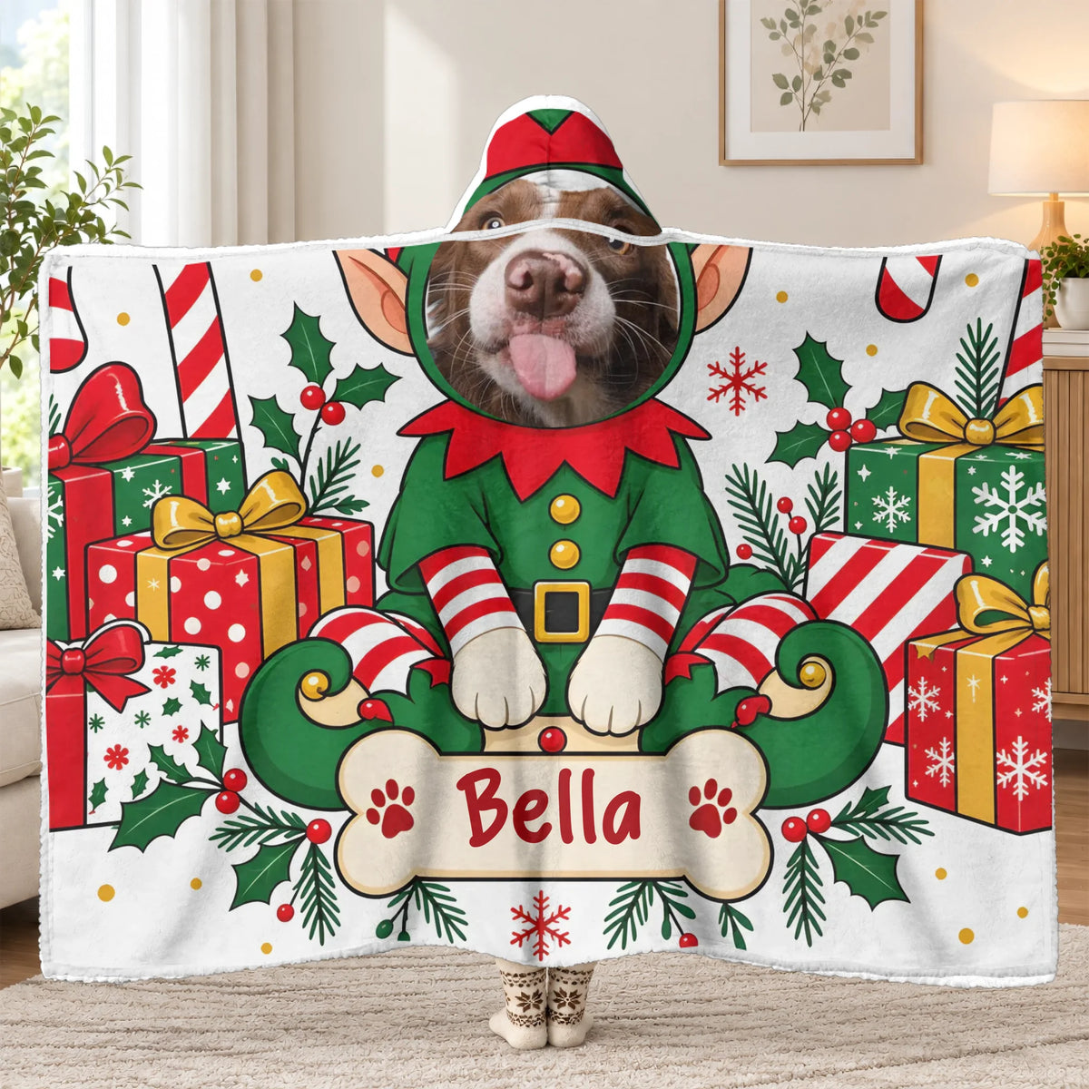 A Cozy Holiday Hug Made Just for Your Favorite Fur Baby - Personalized Hooded Blanket, Custom Pet Face Elf Gift For Pet Lovers