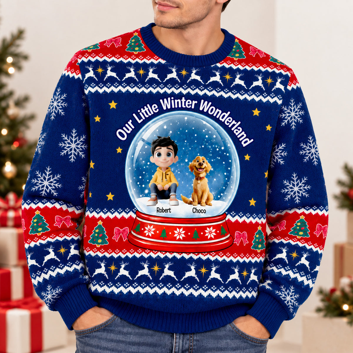 A Snow Globe Full of Christmas Joy - Personalized Wool Sweater, Cute Christmas Snow Globe Gift, Dog Lover Holiday Apparel, Ugly Sweater Party Outfit