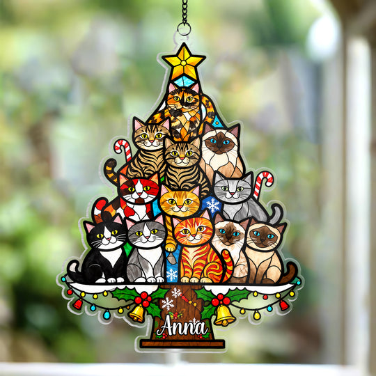 Cat Christmas Tree - Acrylic Suncatcher, Christmas Tree Made of Cats, Christmas Home Decor Cat Art, Gift for Cat Lovers
