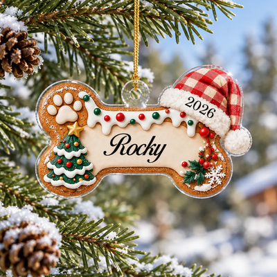 Personalized acrylic ornament dog name bone, three bone-shaped ornaments named Winston, Rocky and Buddy on a snowy branch