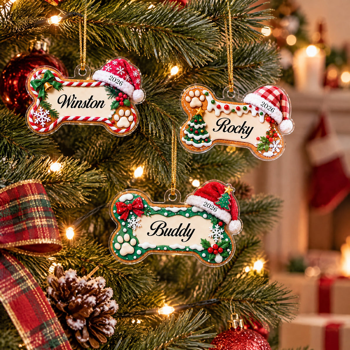 Personalized acrylic ornament dog name bone, three ornaments on a lit tree with plaid ribbon, pinecone and gifts