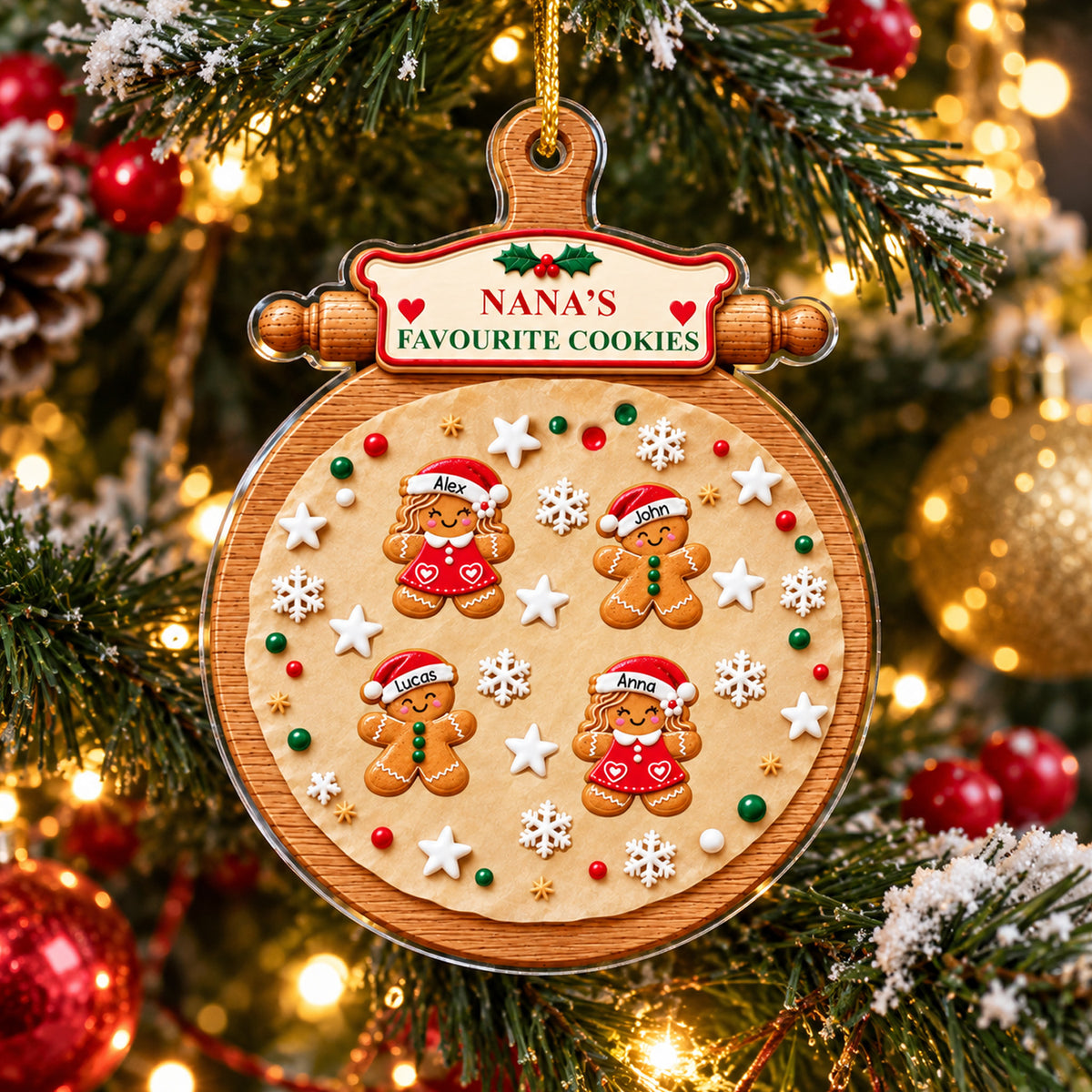 Grandma's Favorite Cookies - Personalized 3D White Acrylic Ornament, Gingerbread Family Christmas