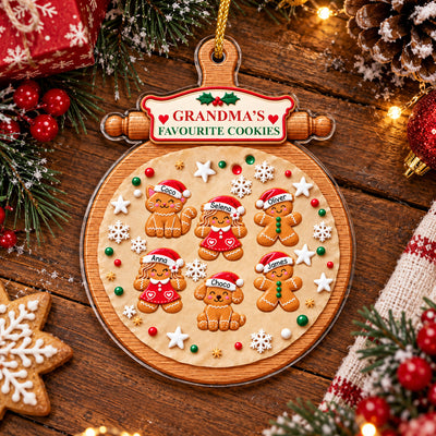 Grandma's Favorite Cookies - Personalized 3D White Acrylic Ornament, Gingerbread Family Christmas