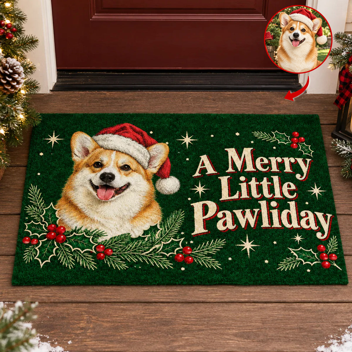 Personalized Custom Dog Photo Doormat with corgi in Santa hat on a wooden porch by a red door