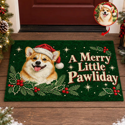 Personalized Custom Dog Photo Doormat with corgi in Santa hat on a wooden porch by a red door