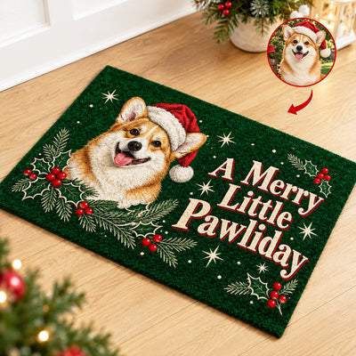 Personalized Custom Dog Photo Doormat angled on a light wood floor with a Christmas tree in the corner