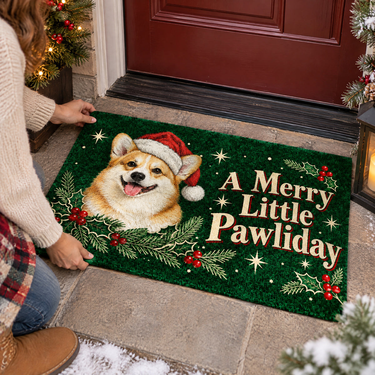 Personalized Custom Dog Photo Doormat being smoothed into place by a person kneeling on a snowy porch