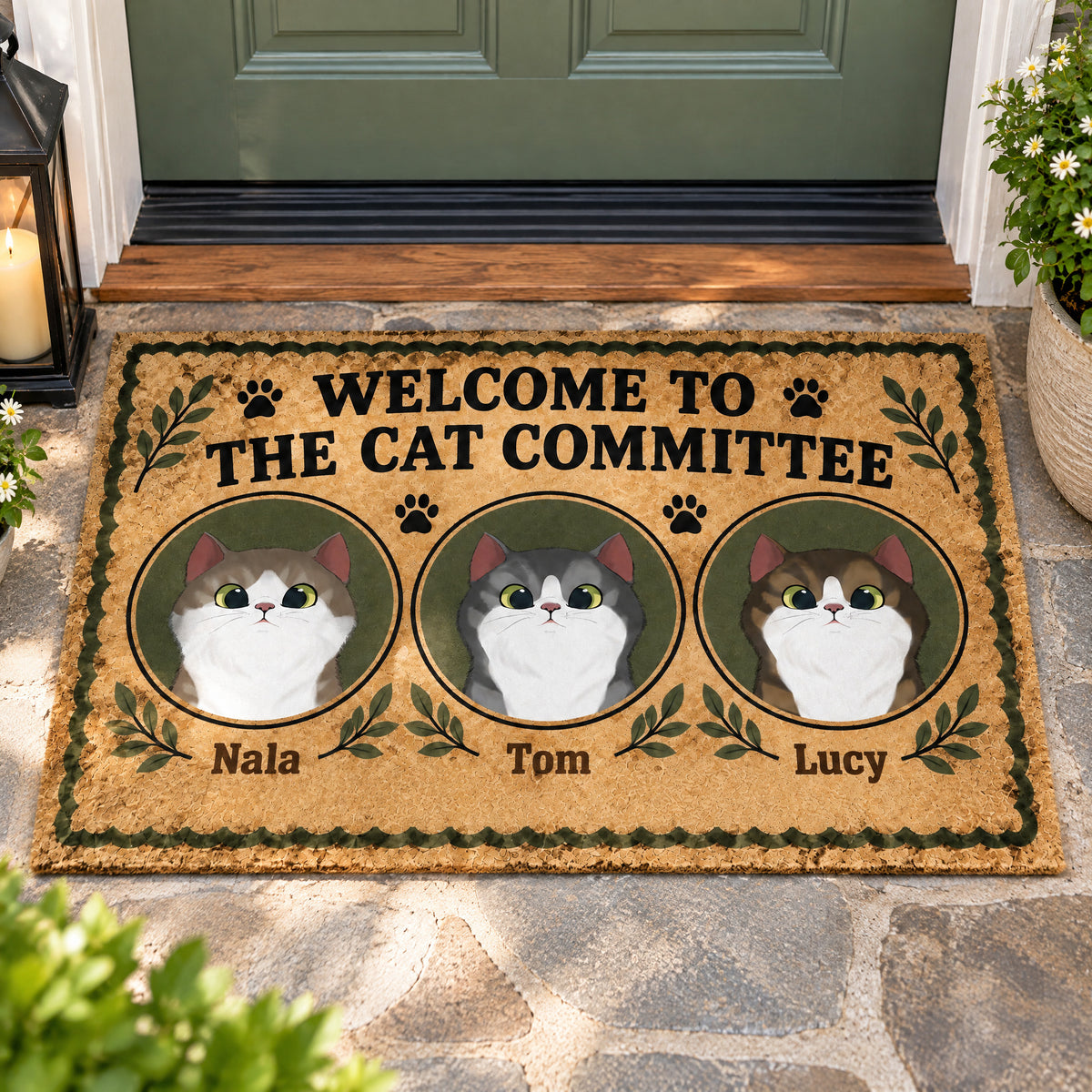Personalized Cat Committee Doormat on a stone porch below a green door, with a lantern and daisy planter nearby