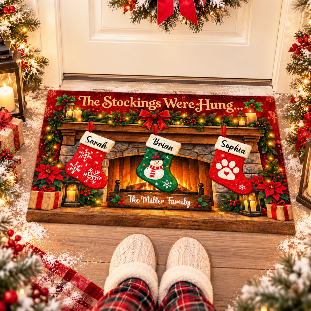 Family Christmas Stockings - Personalized Doormat, Custom Name Christmas Doormat, Christmas Home Decor