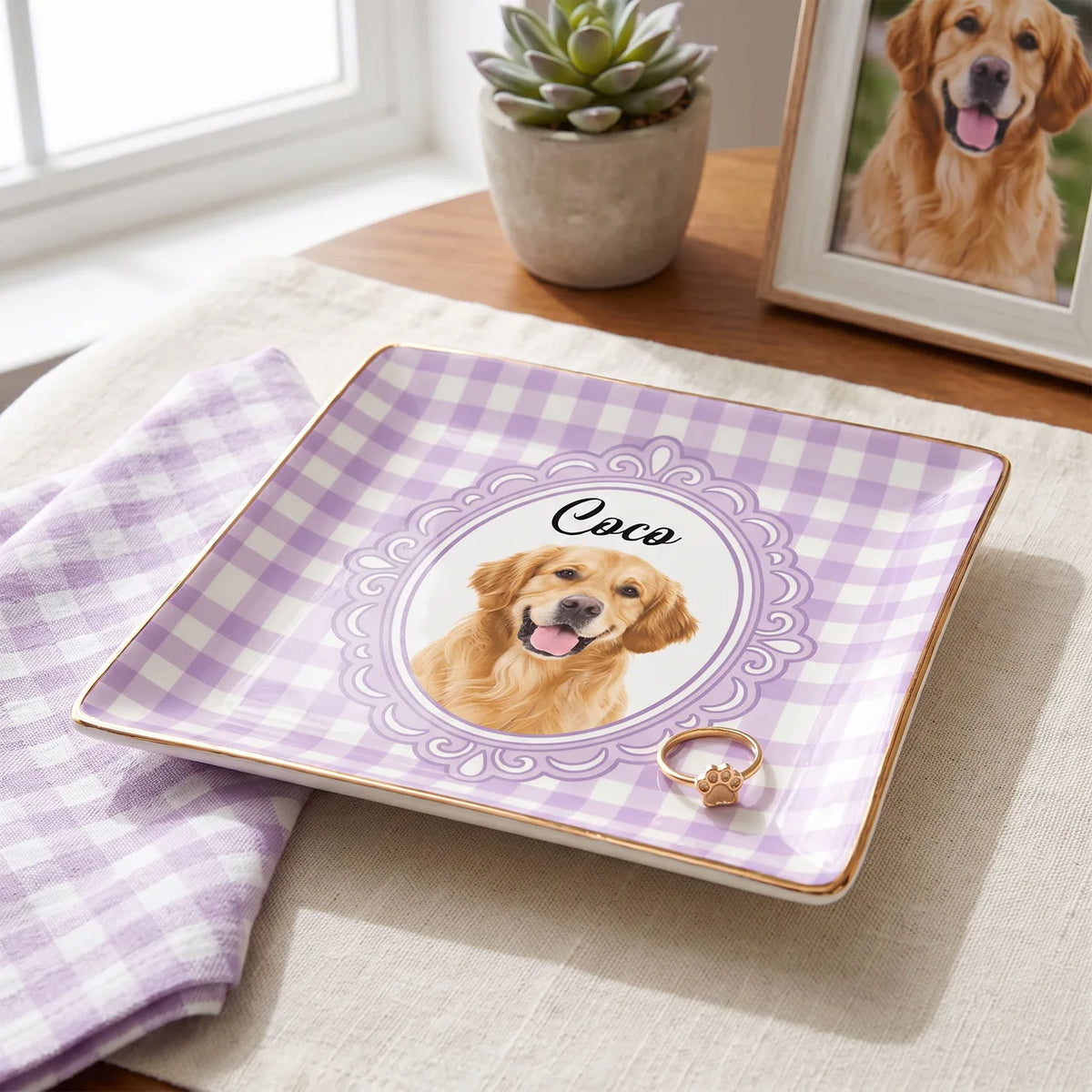 Retro Checkered Pet Portrait - Personalized Jewelry Dish, Custom Dog Cat Portrait Gift,  Vintage Retro Frame Jewelry Dish, Cute Pet Gift