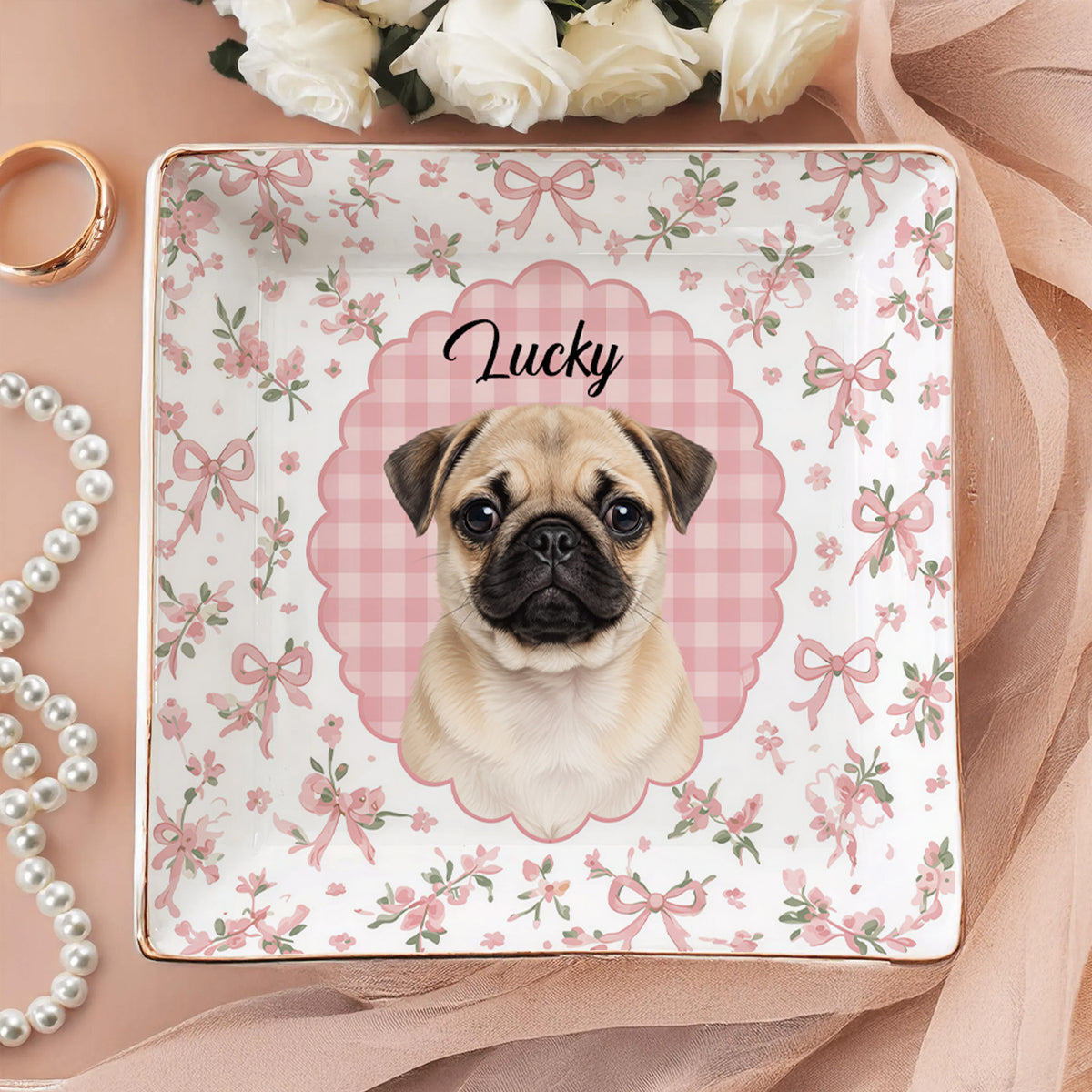Retro Checkered Pet Portrait - Personalized Jewelry Dish, Custom Dog Cat Portrait Gift,  Vintage Retro Frame Jewelry Dish, Cute Pet Gift