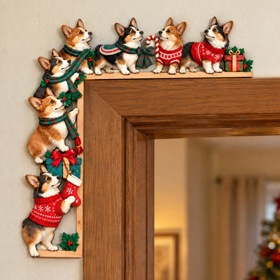 Corgi Christmas- Door Corner Wood Sign ( 1 layer), Festive Dog Door Frame Decor