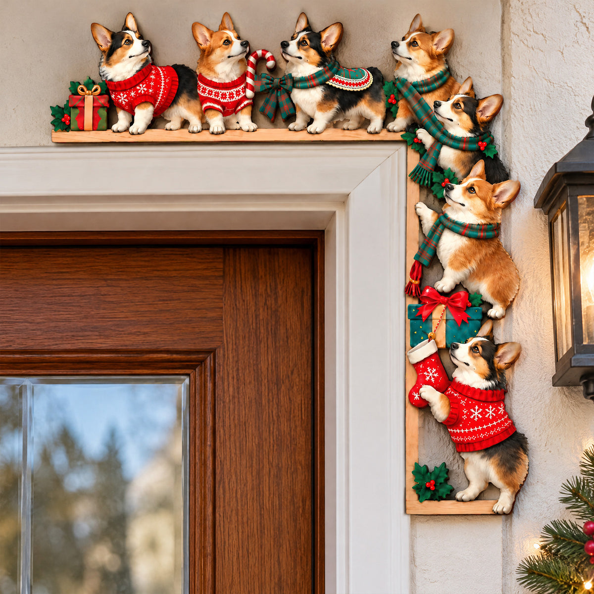 Corgi Christmas- Door Corner Wood Sign ( 1 layer), Festive Dog Door Frame Decor