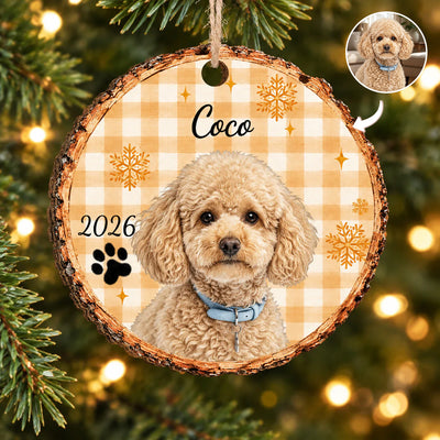 Striped Rustic Pet Photo- Personalized Wooden Ornament, Watercolor Dog Cat Ornament, Striped Rustic Christmas Decor, Custom Pet Portrait Memorial Keepsake