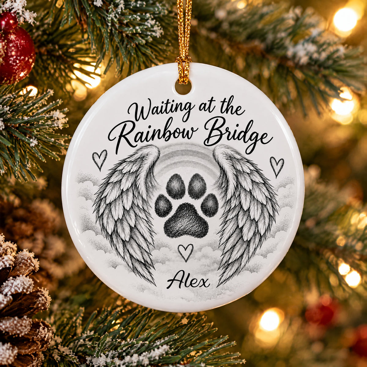 Personalized pet memorial ceramic ornament with name Alex hanging on a frosted pine branch with warm lights