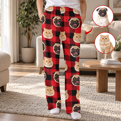 Custom photo pet buffalo check pajama pants front view with pug and cat faces, pet photo insets, and a sofa behind
